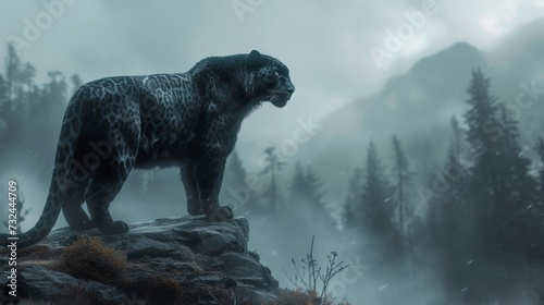 Under the moon's glow, the panthers prowl in silence, their sleek forms blending perfectly with the shadows of the mountainous forest.