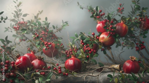 Healthy red pomegranate fruit trees. Rich harvest, pomegranate plantations with beautiful trees. Red, ripe pomegranates on a branch Fruits are very useful for a healthy lifestyle. Copy Space