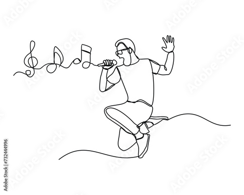 Continuous single line sketch drawing of beautiful young man sing a song karaoke with microphone and music notes key. One line art of musician singer vector illustration