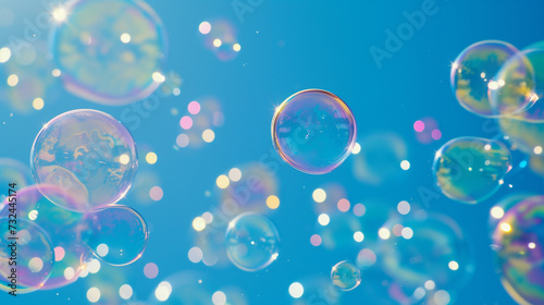 Thousands of vibrant soap bubbles floating against a clear blue sky, creating a whimsical and joyful background