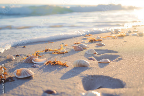 Close-up of the beach shoreline with details of shells, seaweed, and footprints in the sand