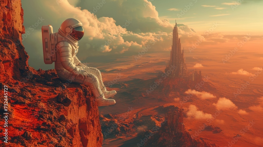 The astronaut gazes at the rugged cliffs of Mars, feeling like a solitary explorer in the vast expanse of the universe. - obrazy, fototapety, plakaty 