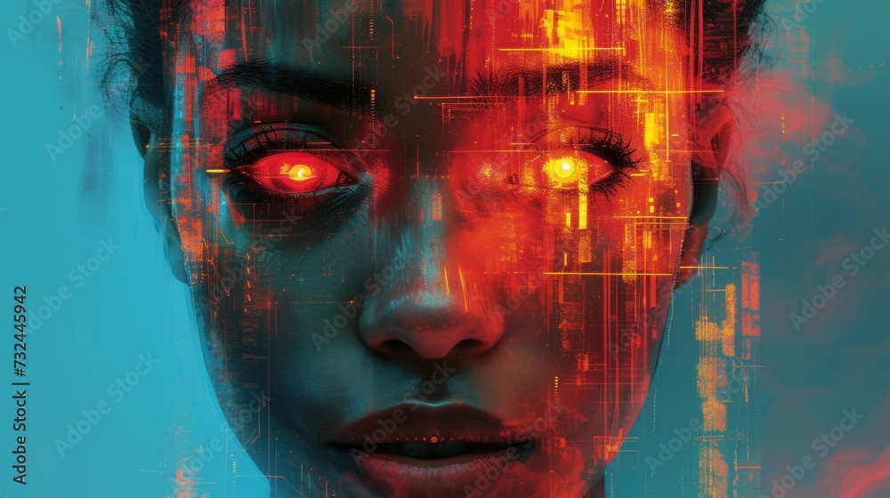 The cyborg's digital portrait displays a range of emotions, blurring the boundaries of humanity and technology.