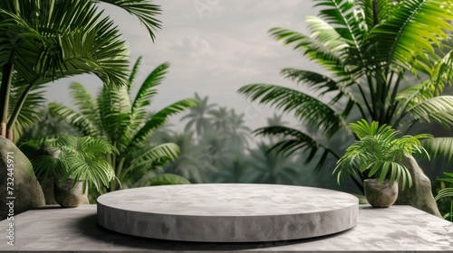 Concrete display podium surrounded by lush tropical palms and ferns, presenting a serene jungle atmosphere