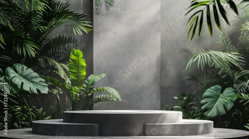 Grey podium on a sleek tiled floor, encased by dense tropical foliage in a greenhouse ambiance © Mickey