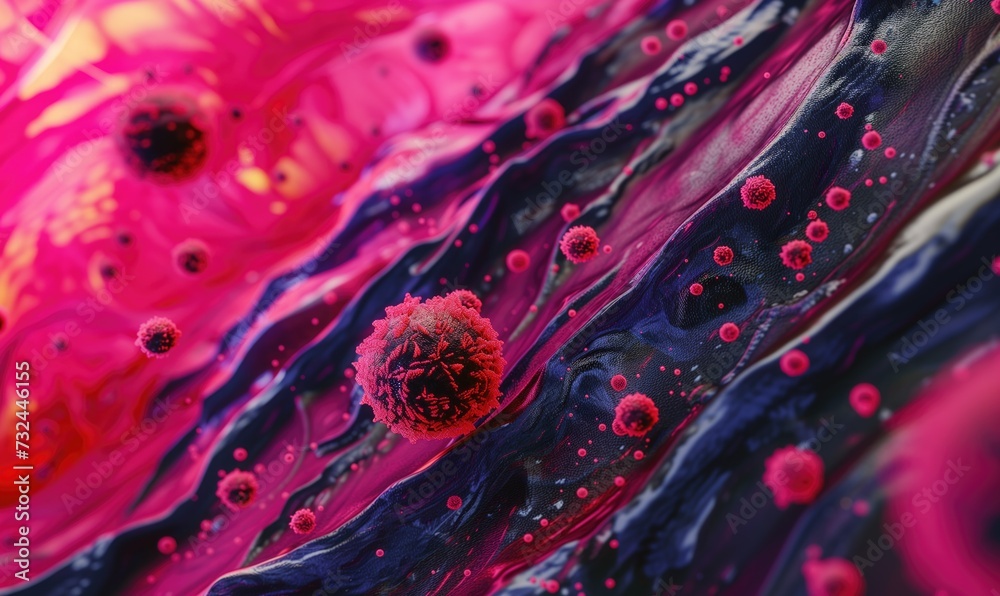 Pink virus in blood flow medical digital microscopic background using contrast medium - obrazy, fototapety, plakaty 
