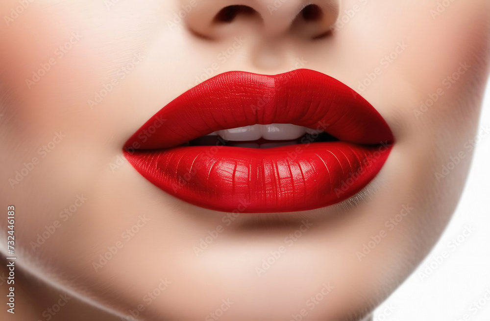 Fototapeta premium Red shiny lips closeup. Red lipstick make up.