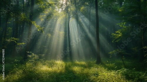 Escape the chaos of daily life and immerse yourself in the harmonious solitude of the woods, where sunbeams dance through the leaves and tranquility reigns supreme. photo