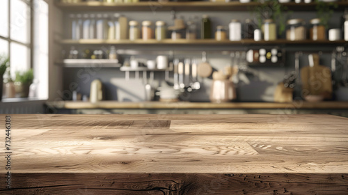Elegant Wood Tabletop Perspective Over a Blurred Kitchen Scene for Product Montages and Design Layouts © Saran