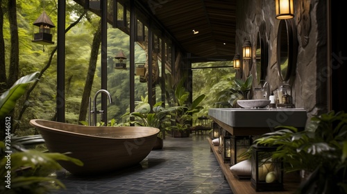 Tropical retreat bathroom with bamboo accents, a freestanding tub, and lush greenery. © Aeman