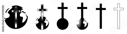 Christian cross with globe icon. Black religion logo. Vector illustration. Abstract christian logo.Cross of Jesus Christ with Earth Globe 