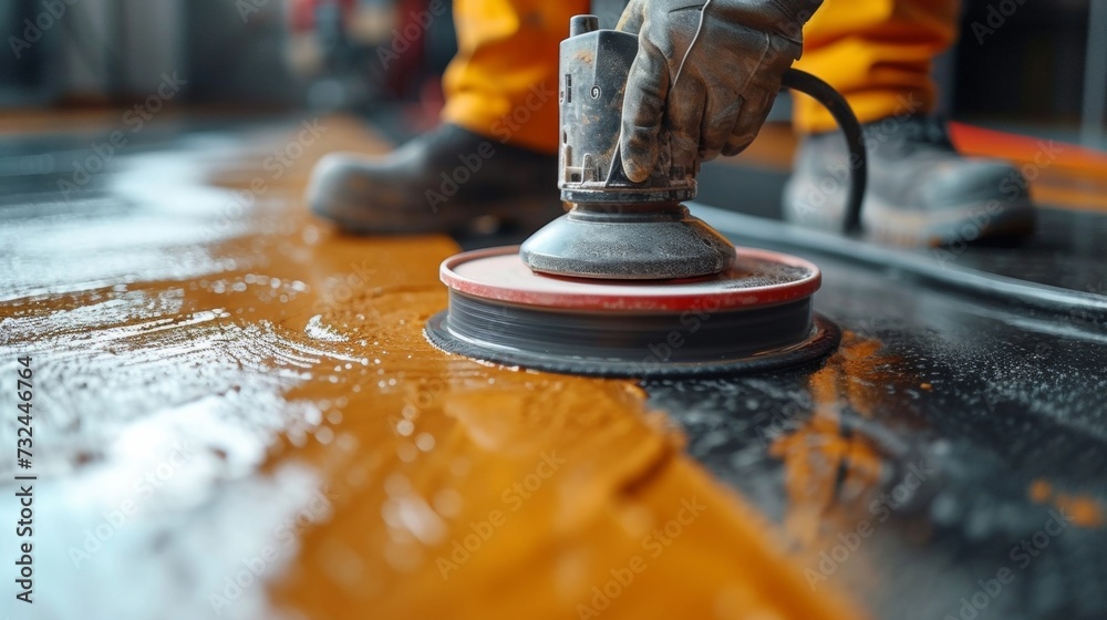 A skilled cleaner in uniform expertly operates a high-speed polisher, ensuring every inch of the floor gleams with cleanliness. A skilled cleaner in uniform expertly operates a high-speed polisher, ensuring every inch of the floor gleams with cleanliness.