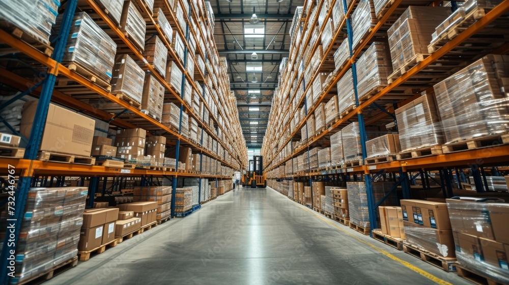 A bustling retail warehouse filled with rows of shelves stacked high with goods, as forklifts navigate between pallets, ensuring efficient delivery and storage.