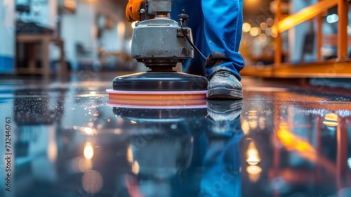A skilled cleaner in a crisp uniform expertly operates a high-speed polisher, leaving floors spotless and shining with professional-grade equipment.