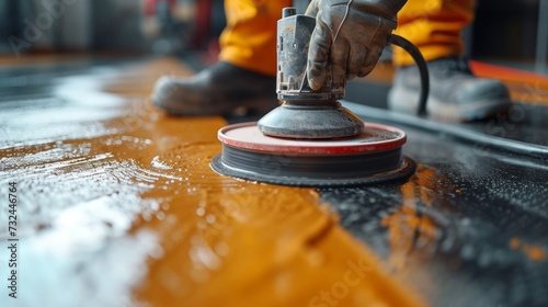 A skilled cleaner in uniform expertly operates a high-speed polisher, ensuring every inch of the floor gleams with cleanliness.