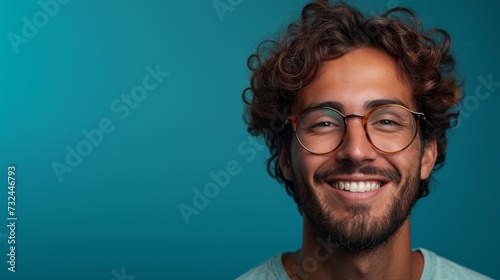 Capture the joy of life with a portrait of a young man's beaming smile, trendy glasses, and a pop of turquoise, radiating confidence and happiness. photo
