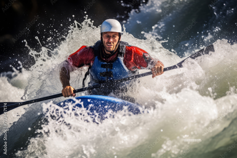 Naklejka premium A captivating view of a kayaker navigating through turbulent whitewater rapids
