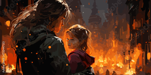 young mother in red coat carrying her baby standing in the burning city, digital art style, illustration painting