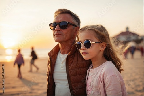 Beach Bliss Exciting Family Father and Daughter in sunglass, enjoying walk along beach 