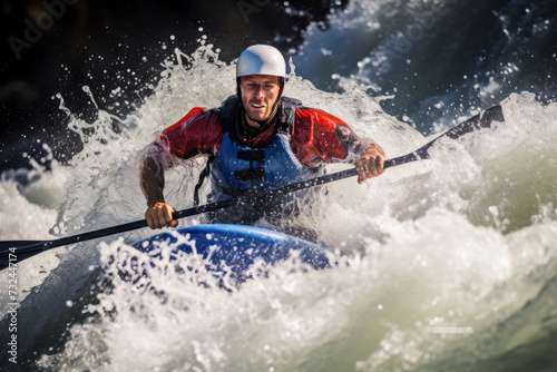A captivating view of a kayaker navigating through turbulent whitewater rapids