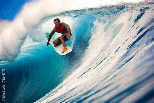 A dynamic view of a surfer riding a massive wave, water splashing all around