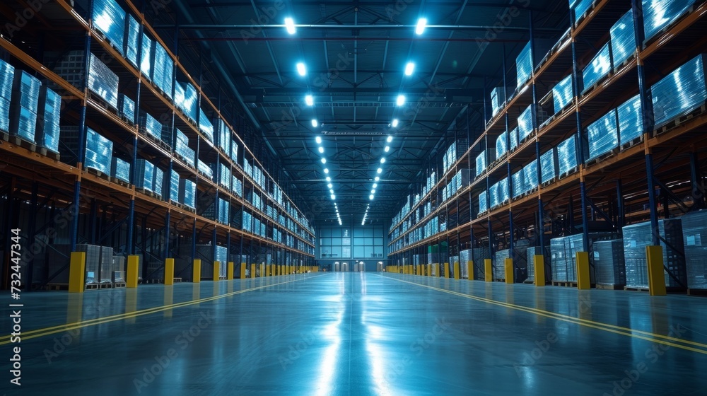 This futuristic warehouse leverages robotics and automation to streamline inventory control and distribution, ensuring a systematic and efficient industrial process. - obrazy, fototapety, plakaty 