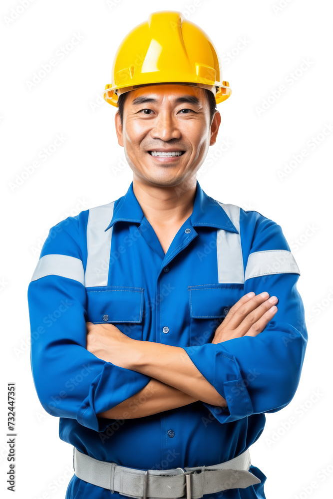 Portrait of a smiling asian construction worker in a helmet, poses with crossed hands, isolated on a transparent background Portrait of a smiling asian construction worker in a helmet, poses with crossed hands, isolated on a transparent background