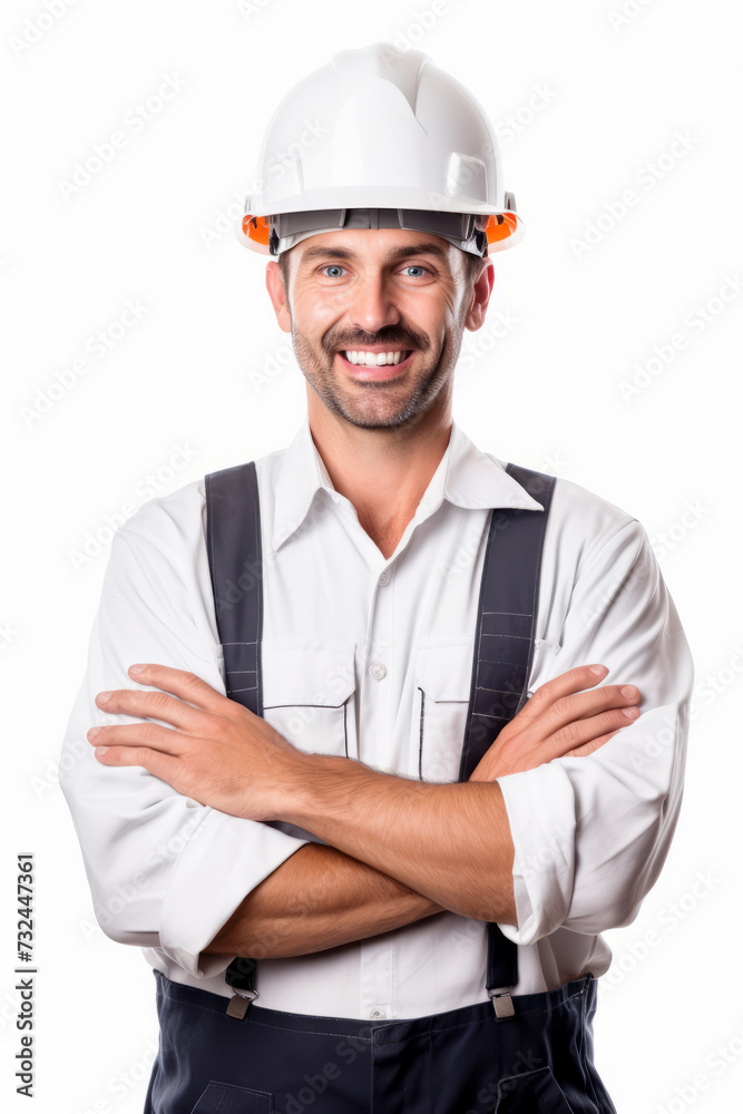 A smiling construction worker in a helmet, poses with crossed hands, on a white background A smiling construction worker in a helmet, poses with crossed hands, on a white background