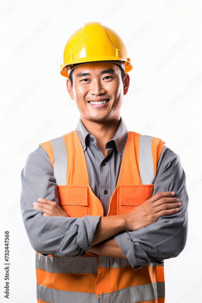 Portrait of a happy smiling asian construction worker in a helmet, poses with crossed hands, on a white background Portrait of a happy smiling asian construction worker in a helmet, poses with crossed hands, on a white background