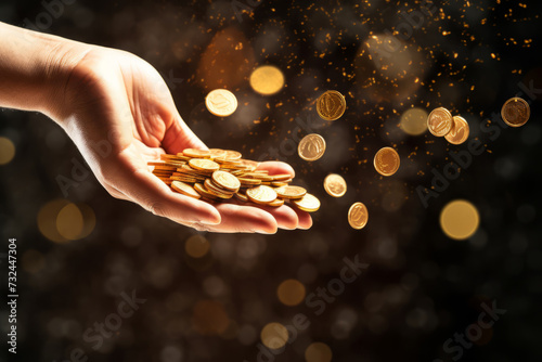 Close up of a hand catches falling gold coins, the concept of financial success