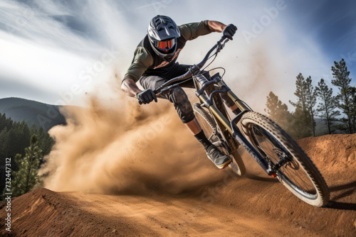 A biker riding through the rugged trail in mountain, with dirt flying and a trail of dust