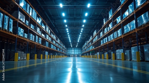 This futuristic warehouse leverages robotics and automation to streamline inventory control and distribution, ensuring a systematic and efficient industrial process.