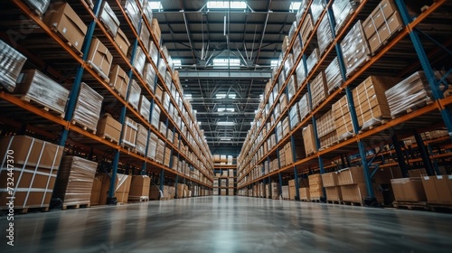 This cutting-edge warehouse uses advanced robotics and automation for efficient inventory management and distribution. © tonstock