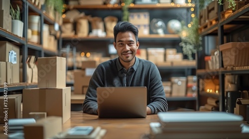 Entrepreneur working at home uses smartphone and laptop for online sales, packing orders into boxes, and marketing their small business in the e-commerce world. photo