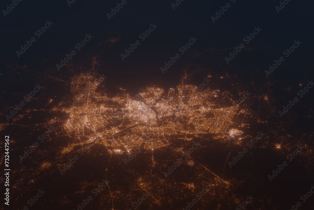 Aerial shot on St Petersburg (Russia) at night, view from east. Imitation of satellite view on modern city with street lights and glow effect. 3d render