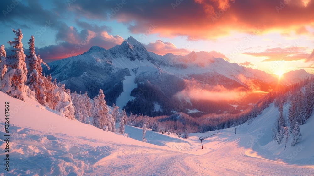 As the sun dips below the horizon, the snow-capped mountains turn shades of orange and pink, creating a stunning panorama that beckons skiers and adventurers alike.