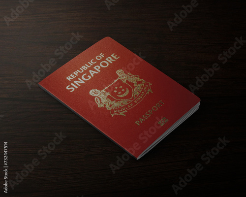 Singapore passport, top view on a wooden table