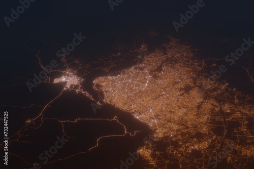 Aerial shot of Asuncion (Paraguay) at night, view from south. Imitation of satellite view on modern city with street lights and glow effect. 3d render