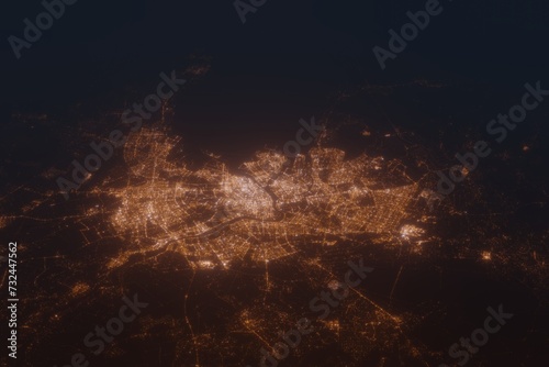 Aerial shot on St Petersburg (Russia) at night, view from east. Imitation of satellite view on modern city with street lights and glow effect. 3d render