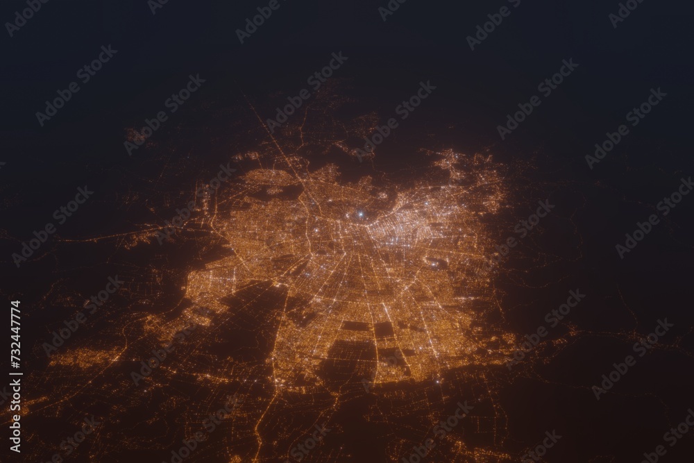 Aerial shot of Santiago (Chile) at night, view from south. Imitation of satellite view on modern city with street lights and glow effect. 3d render