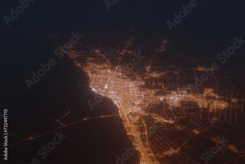 Aerial shot of Rosario (Argentina) at night, view from north. Imitation of satellite view on modern city with street lights and glow effect. 3d render