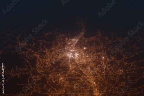 Aerial shot of Redding (California, USA) at night, view from south. Imitation of satellite view on modern city with street lights and glow effect. 3d render