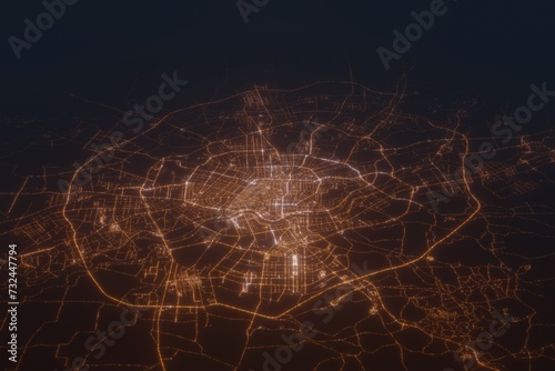 Aerial shot of Shenyan (China) at night, view from south. Imitation of satellite view on modern city with street lights and glow effect. 3d render