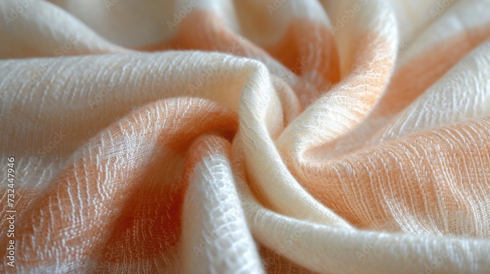 An elegant shot of striped fabric in a soft Peach Fuzz color, emphasizing its neat, linear pattern and smooth, refined texture, ideal for stylish clothing and sophisticated interior accents An elegant shot of striped fabric in a soft Peach Fuzz color, emphasizing its neat, linear pattern and smooth, refined texture, ideal for stylish clothing and sophisticated interior accents