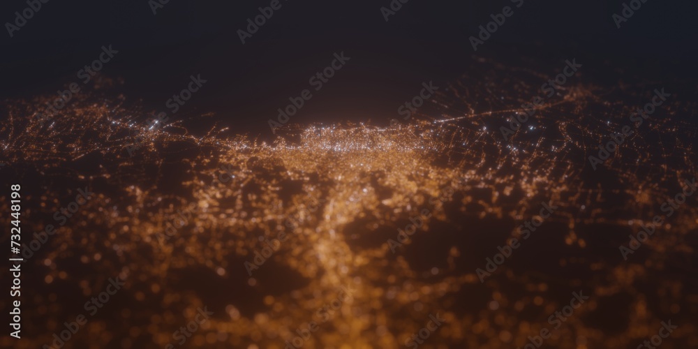 Street lights map of Semarang (Indonesia) with tilt-shift effect, view from south. Imitation of macro shot with blurred background. 3d render, selective focus Street lights map of Semarang (Indonesia) with tilt-shift effect, view from south. Imitation of macro shot with blurred background. 3d render, selective focus
