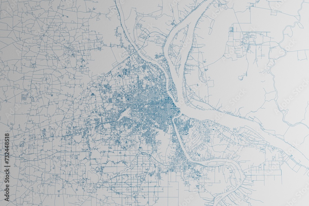 Map of the streets of Phnom Penh (Cambodia) made with blue lines on white paper. 3d render, illustration