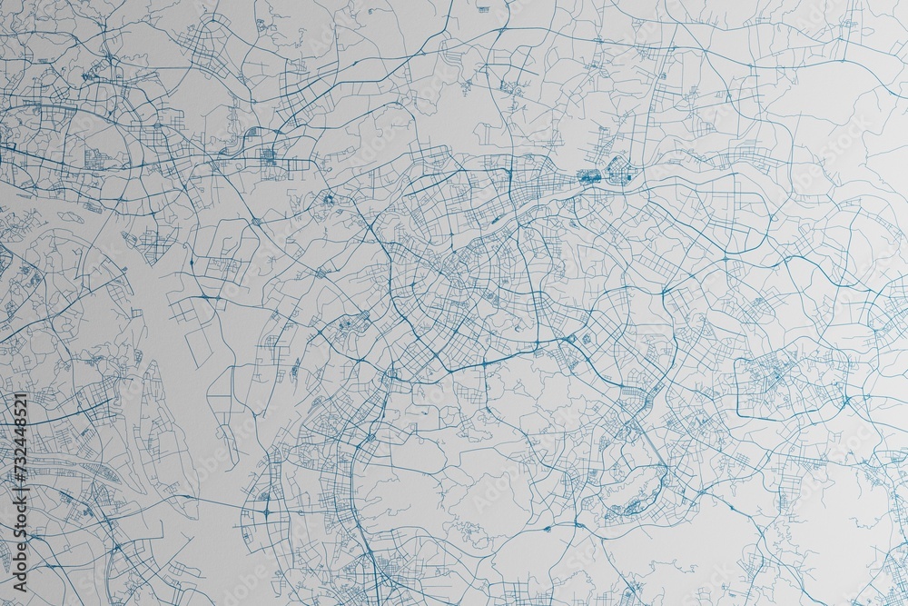 Map of the streets of Dongguan (China) made with blue lines on white paper. 3d render, illustration