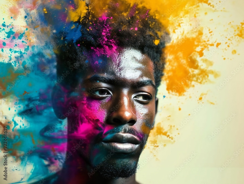 Black man surrounded with abstract powder colours.