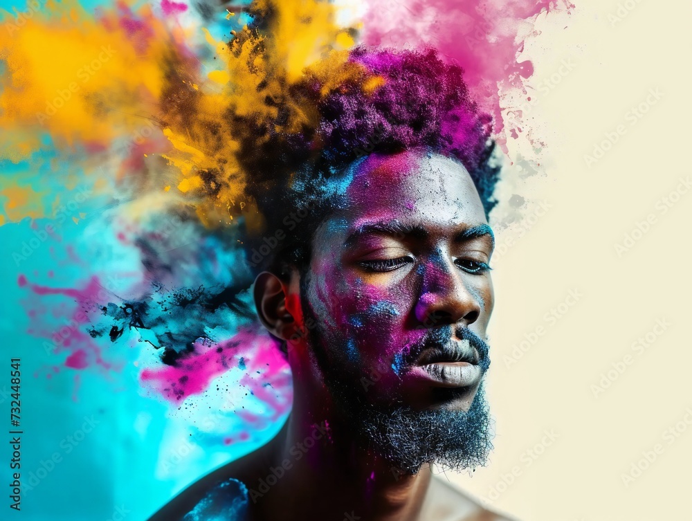 Black man surrounded with abstract powder colours.