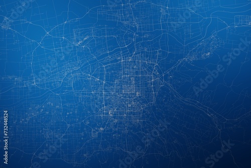 Stylized map of the streets of Xian (China) made with white lines on abstract blue background lit by two lights. Top view. 3d render, illustration